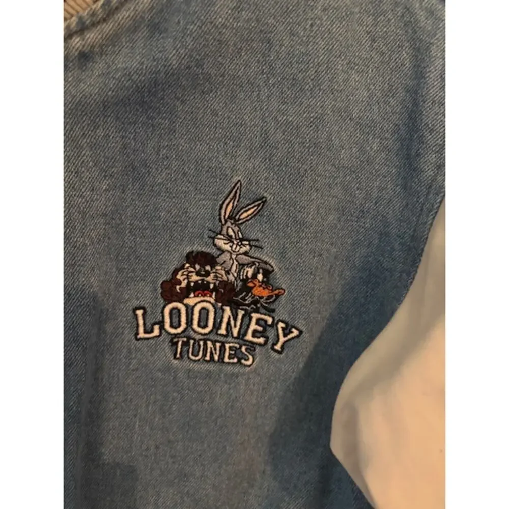 Vtg 90s Looney Tunes Warner Bros. Embroidered Denim Varsity Jacket Youth 12